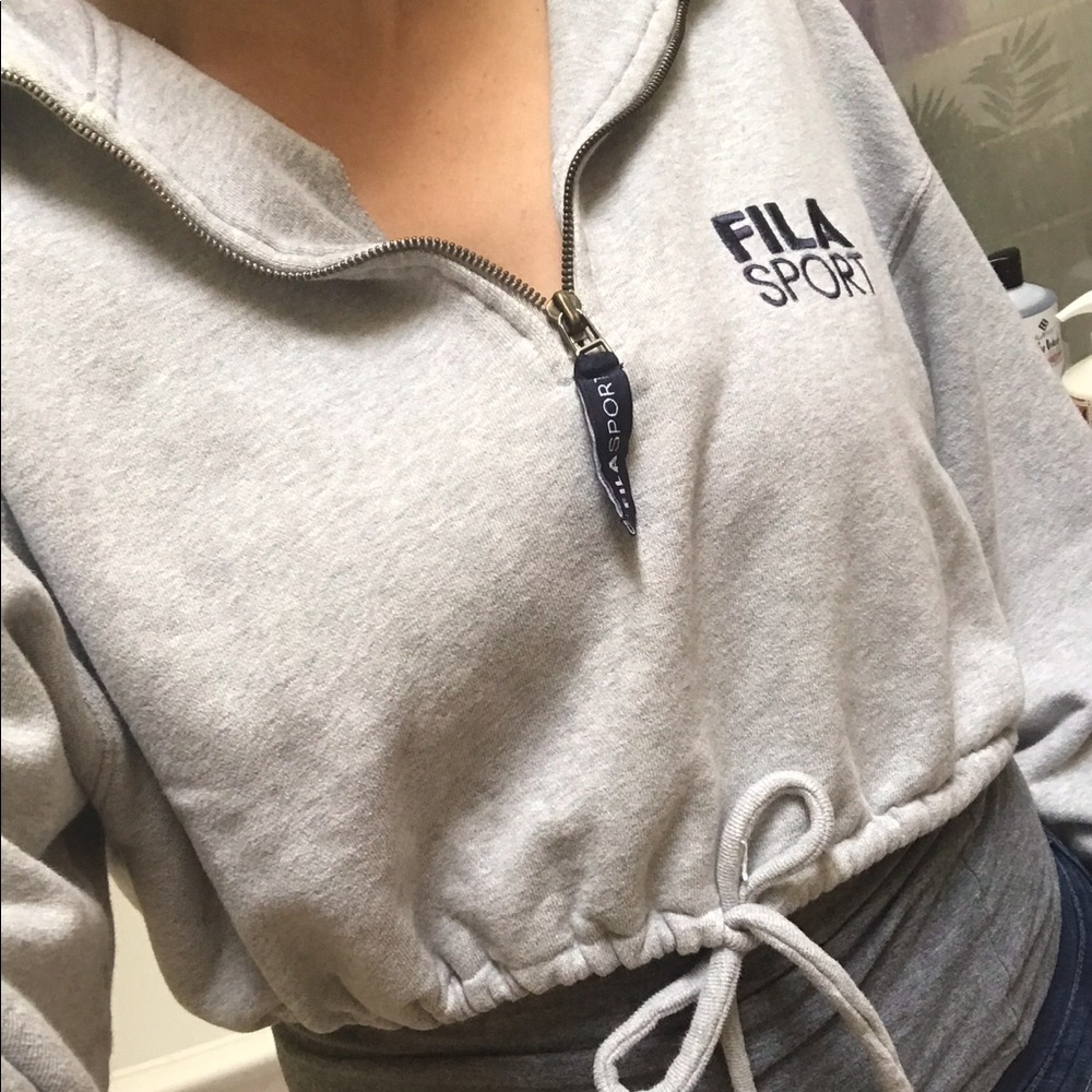 Reworked Fila Crop Top Grey Half Zip Sweatshirt Waist Tie - Picture 9 of 9